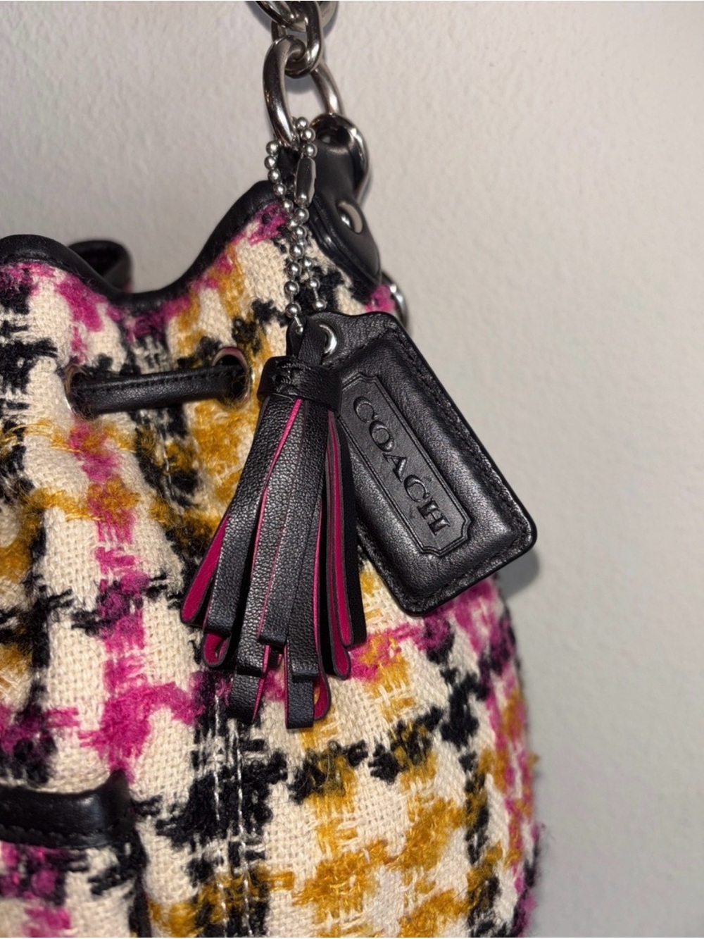 Coach Multicolor Tweed Drawstring Hobo with Black Leather Trim - Picture 2 of 11